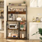 SUPERJARE Bakers Rack with Power Outlet, 35.4 Inches Coffee Bar with Wire Basket, Kitchen Microwave Stand with 6 S-Shaped Hooks, Open Storage Shelves, Rustic Brown