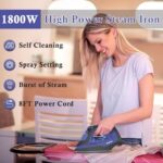 Steam Iron for Clothes 1800-Watt Steam Iron With Steam Temp Settings Stainless Steel Soleplate Fast Heat, Removes Wrinkle, Anti-Drip For Holes, Cotton, Wool, Poly, Silk, Linen, Nylon (Purple)