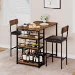 GAOMON Dining Table Set for 2, Kitchen Table and Chairs for 2 with Upholstered Chairs, 3 Piece Counter Height Bar Kitchen Table Set with 3 Storage Shelves for Small Space, Apartment, Rustic Brown