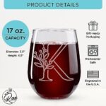 On The Rox Drinks Monogrammed Gifts For Women and Men – Letter A-Z Initial Engraved Monogram Stemless Wine Glass – 17 Oz Personalized Wine Gifts For Women and Men (K)