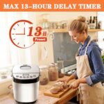 WUEURU Bread Maker,Multifunctional Stainless Steel Horizontal Bread Machine 1-2Lb Automatic Breadmaker for Bread, Jam,Yogurt,Cake with 12 Recipes Digital Bread 3 Loaf Size Maker Kitchen Helper