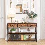 Furologee Long 47″ Console Sofa Table with 3 Drawers, Entryway Table with 3-Tier Storage Shelves, Industrial Display Shelf for Entry Way, Hallway, Couch, Living Room, Kitchen, Foyer, Rustic Brown