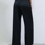SweatyRocks Women’s Pleated High Waist Satin Wide Leg Pants Casual Work Office Long Trousers with Pockets Black S