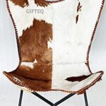 GifteQ Leather Butterfly Chair for Living Room for Adults Cow Print/Cowhide Western Accent Chair for Relaxing with Foldable Iron Frame Brown Boho Alite Chair for Home Decor (Hairon White & Brown)