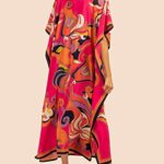 Eddoyee Women Long Print Swimwear Cover Up Sexy V Neck Side Split Beach Caftans Lounge Dresses Red
