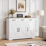 HOSTACK Modern Farmhouse Sideboard Buffet Cabinet, Barn Doors Buffet Storage Cabinet with Drawers and Shelves, Wood Coffee Bar Cabinet with Storage for Kitchen, Dining Room, Living Room, White
