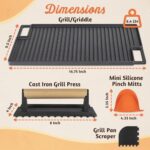 Cast Iron Griddle for Stove Top, Reversible Grill/Griddle + Cast Iron Press + Pan Scraper + Pinch Mitts, For Gas Stove, Grill, Camping & Outdoors – Pre Seasoned & Non-stick (16.75″ X 9.5″)