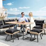 YITAHOME Patio Wicker L-Shaped Furniture Set, All-Weather Rattan Outdoor Conversation Sofa Set for Backyard Deck with Soft Cushions,Ottomans and Plastic Wood Dining Table (Light Brown+Black)