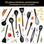 Silicone Kitchen Utensils Set & Holder: Cooking Utensils Set – Kitchen Essentials for New Home & 1st Apartment- Silicone Spatula Set, Cooking Spoons for Nonstick Cookware (Acacia Wood, Black)