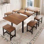 Feonase 7-Piece Dining Table Set with 6 Stools, 63″ Large Extendable Kitchen Table Set for 4-8, Mid-Century Dining Room Table with Heavy-Duty Frame, Easy Assembly, Walnut