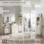 T4TREAM 68″ Tall Fluted Bathroom Storage Cabinet with Faux Marble Top, Adjustable Shelf and Drawer, Curved Profile Narrow Linen Tower for Bathroom, Kitchen, Living Room, Hallway, Off White