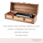Twine Vintage Trunk Wine Bottle Gift Box, Wood Wine Box with Lid and Handle, Wood, Faux Leather, Brass, Cloth, Holds 1 Bottle