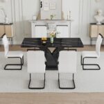 Modern Faux Marble Dining Table Set for 6,1.8 Inch Thick Rectangular Table Top,63 Inch Kitchen Dining Table Set 7 Piece with 6 Leather Dining Chairs,Dining Room Furniture for Living Room and Kitchen