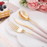 I00000 60 Pcs Gold Plastic Silverware, Disposable Flatware with Pink Handle, Gold Plastic Cutlery Includes: 20 Forks, 20 Knives and 20 Spoons, Gold Tableware for Parties, Weddings & Dinner