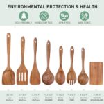 Wooden Spoons for Cooking – 8-Piece Wooden Kitchen Utensil Set made of Natural Solid Wood Material – Includes Spoons, Spatulas, Ladles, Strainer Spoon, Salad Fork, Mixing Spoon and Utensil Holder