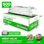 500 Count Pre-Cut Deli Aluminum Foil Sheets, 12” Pop Up Foil Sheets for Restaurant, Disposable Foil Sheets for Food, Tin Foil Sheets for Burrito, Hot Dog or Sandwich, Stock Your Home