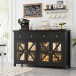 FOTOSOK Black Buffet Cabinet with Storage, 55.1″ Large Sideboard Cabinet Kitchen Cabinet with 2 Drawers and 4 Glass Doors, Black Coffer Bar Cabinet Buffet Table for Dining Living Room