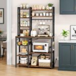 Baker Rack with Power Outlet – Microwave Stand with Storage, Large Coffee Bar Station with 14 Hooks, Metal Kitchen Shelf Rack for Spices, Pots, Rustic Brown and Black