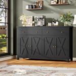 FOTOSOK Sideboard Buffet Cabinet with Storage, 55″ Large Kitchen Storage Cabinet with 2 Drawers and 4 Doors, Wood Coffee Bar Cabinet Buffet Table Console Cabinet for Kitchen Dining Room, Black