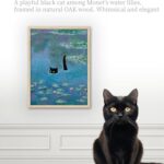 iHery Natural OAK Wood Framed Wall Art, 12x16in Claude Monet Waterlily Funny Black Cat Artwork Set of 1, Canvas Bedroom Wall Decor, Vintage Painting Impressionism Landscape for Bathroom Living Room