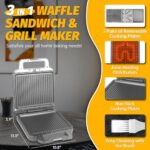 FineMade Panini Grill Press Breakfast Sandwich Maker 3 in 1, Electric Griddle Panini Press, Grilled Cheese Maker, Sandwichera Electrica, Belgian Waffle Maker with Removable Plates