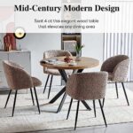 NORDICANA 5 Pieces 37-Inch Round Dining Table and Upholstered Chairs for Four Person, MDF Table-top, Light Brown Fuzzy Sherpa Armchairs with Black Metal Leg for Kitchen, Reception Room