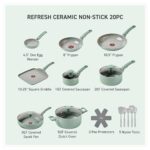 T-fal Refresh Ceramic, Ceramic Non Stick Cookware Set 20 Piece, Oven Broiler Safe 350F, Kitchen Set w/Egg Pan, Fry Pans, Saucepans, Griddle, Sautepan, Dutch Oven & Utensils, Pots, Pans, Mint Green
