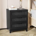 Anmytek Rattan Nightstand with 3 Drawers, Farmhouse Night Stand with Nature Rattan Storage Drawers, Black Wood Bedside Table Sofa End Side Table for Bedroom Dorm Small Spaces, 15.5”D x 19.7”W x 23.6”H