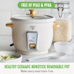 GreenLife 6-Cup Rice Cooker Steamer, PFAS Free Removable Ceramic Nonstick Pot, Auto Presets, Wood Print Handle, Keep Warm Function, One Touch Design, Dishwasher Safe, Measuring Cup, Rice Paddle, Cream