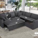 VanAcc Sofa Bed, 85 Inch Sleeper Couch with Storage Seat, L Shaped Sofa with Pull Out Sofa Bed, Sectional Couches for Living Room Apartment, Grey Linen Couch Sofa