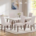 Upholstered Parsons Dining Chairs Set of 6, Modern Dining Room Chairs with Back, Fabric Kitchen Side Chairs with Wood Legs for Dinner Farmhouse Restaurant, Beige