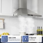 VIKIO HOME Wall Mount Range Hood 30 inch, 580 CFM, Ducted/Ductless Convertible, Stainless Steel Kitchen Vent Hood with 3-Speed Fan and LED Lights