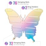NiHome Iridescent Acrylic Butterfly Wall Mount Jewelry Organizer Rack, Rainbow Earring and Necklace Holder for Girls, Home and Store Use, Easy No-Tool Installation & Elegant Design for Jewelry Display