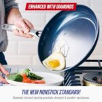 Blue Diamond 9.5” & 11″ Nonstick Frying Pan Skillet Set, Diamond Infused PFAS & PTFE-Free Ceramic Pots & Pans, Dishwasher & Oven Safe, Stay Cool Handles, Durable Non Toxic Metal Utensil Safe, Blue