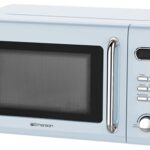 Emerson MWR7020BL Retro Compact Countertop Microwave Oven with Button Control, LED Display, 700W 5 Power Levels, 8 Auto Menus, Glass Turntable and Child Safe Lock, 0.7, Thunderbird Blue
