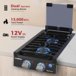 CAMPLUX Classic RV Cooktop 2 Burners Slide-in, Propane Cooktop Stove with Tempered Glass Cover, 12 Inches Propane Rangetop with Blue Indicator Light, 13,000BTU, Black RGH12IB