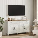 VASAGLE LIRY Collection – Buffet Cabinet, Coffee Bar Cabinet with 2 Drawers, Adjustable Shelves, Sideboard Storage with Cable Holes, Drawer Dividers, Rustic White and Honey Brown UBBK381W01