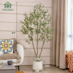 VIVATREES Olive Trees Artificial Indoor, 6FT Tall Faux Olive Tree with White Tall Planter, Artificial Plants with Natural Wood Trunk and Lifelike Fruits for Home Office Decor