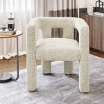 BELLEZE Modern Boucle Barrel Dining Chair, Upholstered Linen Kitchen Boucle Armchair with Sidearms and Back, for Dining Room Living Room- Cream