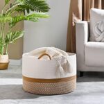 KAKAMAY Large Blanket Basket (20″x13″),Woven Baskets for storage Baby Laundry Hamper, Cotton Rope Blanket Basket for Living Room, Laundry, Nursery, Pillows, Baby Toy chest (White/Brown)