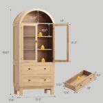 Arched Cabinet with Glass Doors, 71″ Tall Freestanding Pantry Cabinet with 2 Large Drawers and Adjustable Shelf, Farmhouse Wood Storage Cabinets, Versatile Cupboard for Kitchen, Dining Room, Natural