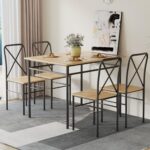 VECELO 5-Piece Kitchen Dining Table Set, Wood Tabletop & Heavy-Duty Metel Frame, Rectangle Dinette with 4 Chairs for Small Space, Breakfast Nook, Natural & Black