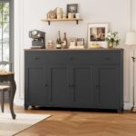 HIFIT 55″ Large Kitchen Buffet Cabinet with Storage Drawers, Farmhouse Sideboard Buffet Table Storage Cabinet with Doors and Shelves, Wood Coffee Bar Cabinet for Kitchen Dining Living Room, Black