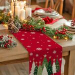 GEEORY Christmas Table Runner 13×72 Inch, Xmas Trees Snowflakes Winter Holiday Decorative Farmhouse Table Decorations for Kitchen Dinning, Indoor Outdoor Dinner Party Decor (Red) GT150-72