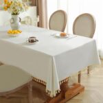 Alsoo Table Cloth Rectangle Table Heavy Duty Cotton Linen Texture Tablecloth Farmhouse Waterproof Wrinkle Free Tables Cover with Tassel for Kitchen Dining Holiday Party, Ivory, 55″ x 75″