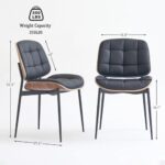Mid Century Modern Dining Chairs with Walnut Grain Back, Black Faux Leather Dining Room Chairs Set of 4, Checkered Soft Cushion Kitchen Chairs with Adjustable Foot Pads