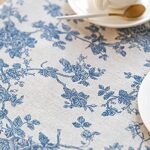 Wracra Cotton Linen Vintage Round Tablecloth Floral Pastoral Table Cloth Washable Table Cover for Indoor&Outdoor,Farmhouse Decor,Picnic,Tabletop Decoration (Blue Floral, Round 55″)