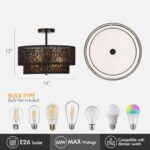 HILUXIA Modern Black Linen Drum Semi Flush Mount Ceiling Light with Pierced Design, Perfect Lighting Fixture for Bedroom, Dining Room, Kitchen, Living Room, or Hallway Chandelier Lamp