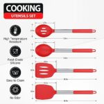 Pack of 4 Large Silicone Cooking Spatulas and Spoons, Slotted and Solid Stainless Steel Cooking Utensils Set, Non-stick Heat Resistant Kitchen for Baking, Fried, Stir-Fry, Mixing, Serving (Red)