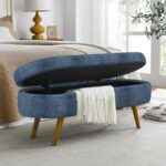 Ball & Cast 43.5″ Oval Entryway Storage-Bench, Linen Upholstered Storage Ottoman, Modern Comfy End of Bed Bench with Solid Wood Legs & Safety Hinge for Hallway Bedroom Living Room, Dark Blue